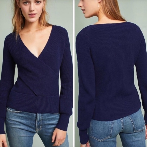 ANTHROPOLOGIE MOTH LIZA NAVY BLUE COTTON V-NECK WRAP SWEATER COASTAL GRANDMA - Picture 1 of 6